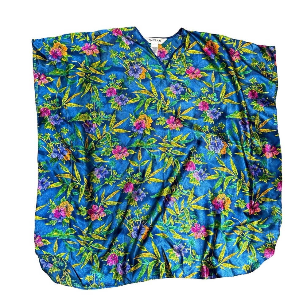Winlar Kaftan Lounger Tropical Floral Blue Pink One Size V-Neck Satin Feel OSFM